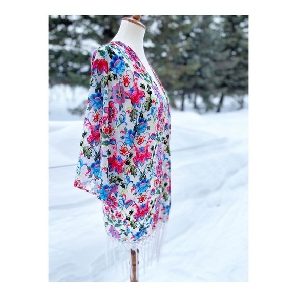 Japna Lounge Flocked Floral Duster Rainbow Sheer Burnout Fringe Kimono Sleeve S - Picture 4 of 10